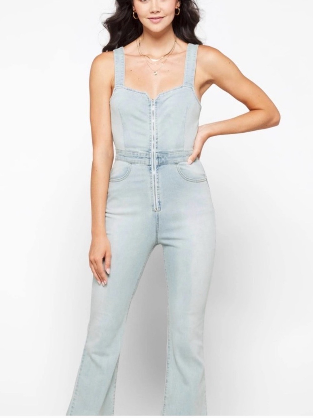 We The Free Free People CRVY 2nd Ave Denim Jumpsuit Flare Zip Front Light Wash